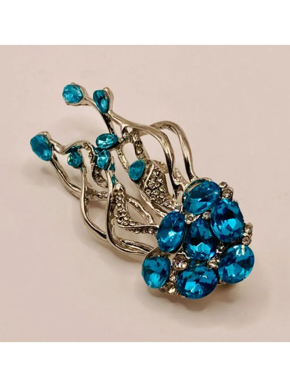 Silver-Tone Jellyfish Brooch Blue Rhinestones & Sparkling Clear Accents -85B